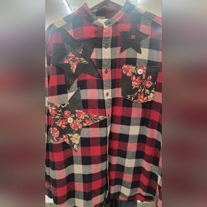 Recycled Red and Black Plaid Flannel Shirt With Stars Size 2XL